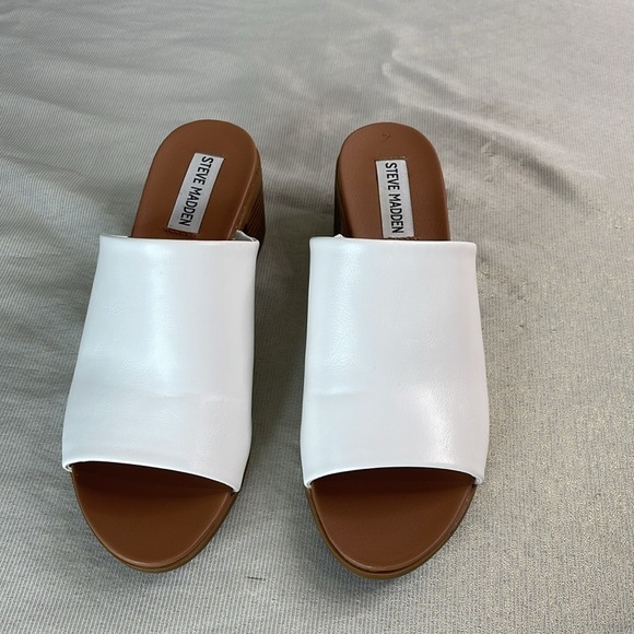 Steve Madden Kacey Slide White Mules Shoes Block Heel Open Toe Vegan Leather 8 - Picture 4 of 10